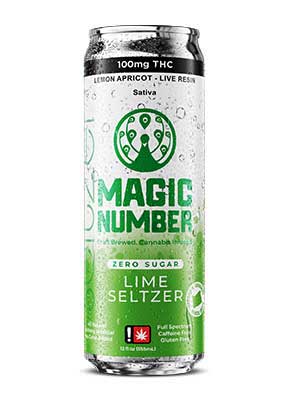 A can of Magic Number Weed Soda Sugar Free Lime Seltzer 100mg THC Live Resin All Natural