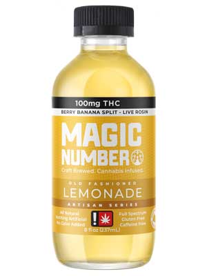 A bottle of Magic Number Weed Lemonade 100mg THC Live Rosin All Natural
