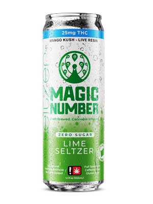 A can of Magic Number Weed Soda Sugar Free Lime Seltzer 25mg THC Live Resin All Natural