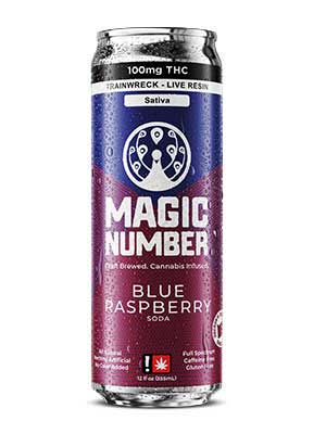 A can of Magic Number Weed Soda Blue Raspberry 100mg THC Live Resin All Natural